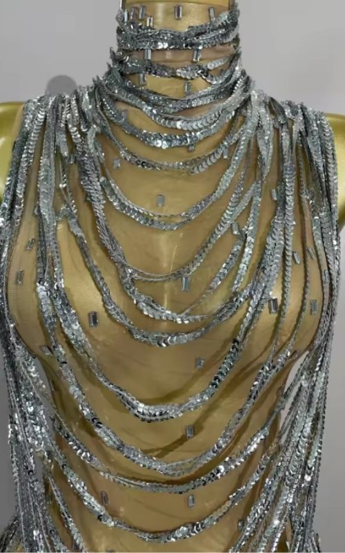 Marie Sparkly Silver Rhinestone Chain Mesh Sheer Mini Dress