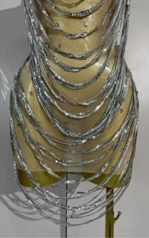 Marie Sparkly Silver Rhinestone Chain Mesh Sheer Mini Dress