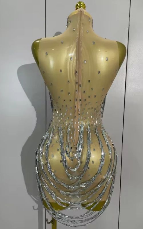 Marie Sparkly Silver Rhinestone Chain Mesh Sheer Mini Dress