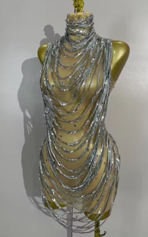 Marie Sparkly Silver Rhinestone Chain Mesh Sheer Mini Dress