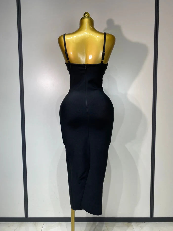 Marley women’s beaded spaghetti strap bodycon bandage dress for club, birthday, or wedding guest events.