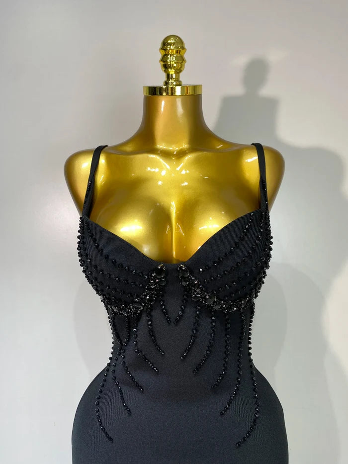 Marley women’s beaded spaghetti strap bodycon bandage dress for club, birthday, or wedding guest events.