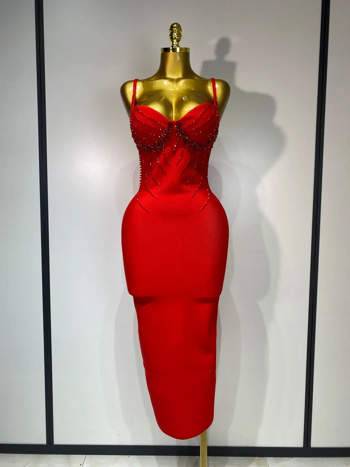 Marley women’s beaded spaghetti strap bodycon bandage dress for club, birthday, or wedding guest events.