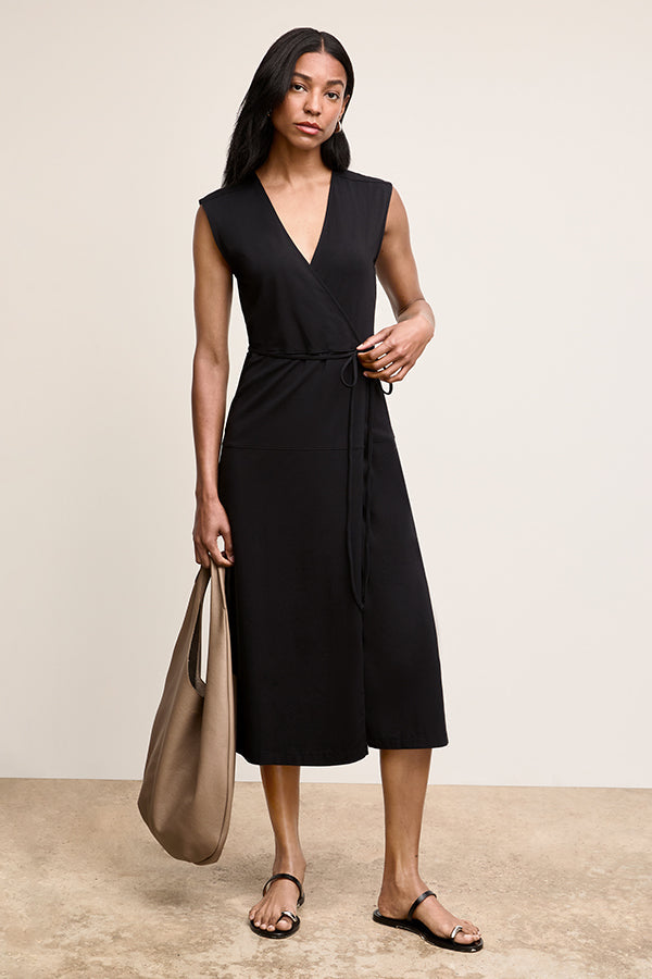 Front image of a woman wearing The Marta Dress-Pima Cotton Jersey :: Black | Grid | Exclude