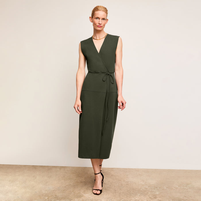 Front image of a woman wearing The Marta Dress-Pima Cotton Jersey :: Rosin | Lead