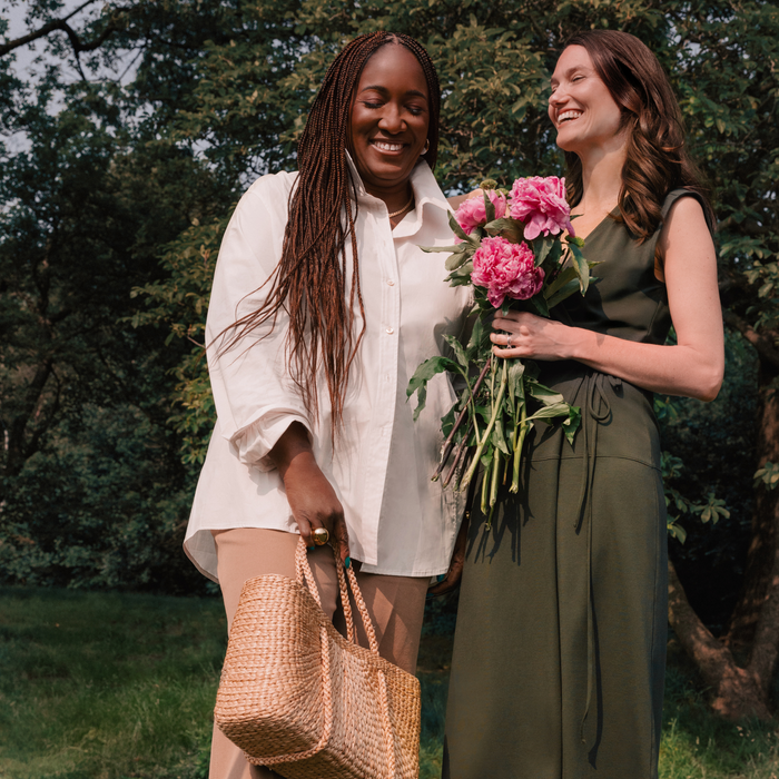 Two women standing outdoors one of them wearing Marta Wrap Dress - Pima Cotton Jersey :: Rosin