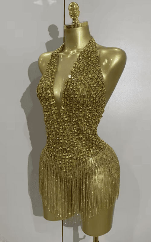Maxie Luxury Golden Rhinestone Sheer Mesh Stretch Bodysuit