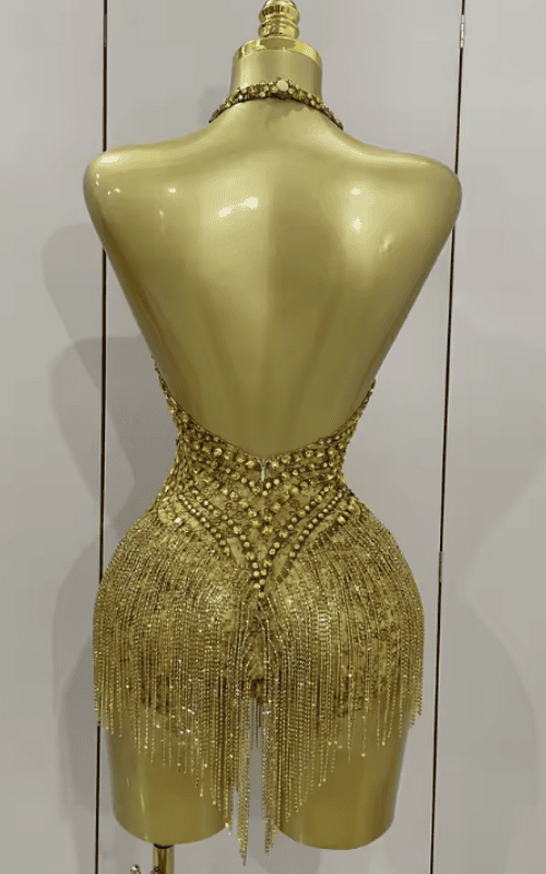 Maxie Luxury Golden Rhinestone Sheer Mesh Stretch Bodysuit