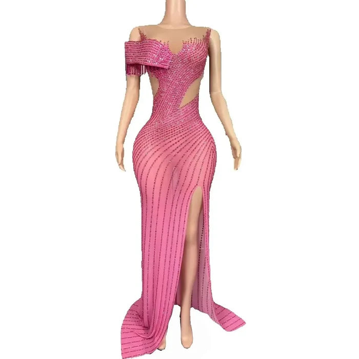 Elegant formal prom dress with sparkling rhinestones and a tasteful high split. Maya luxury evening gown.