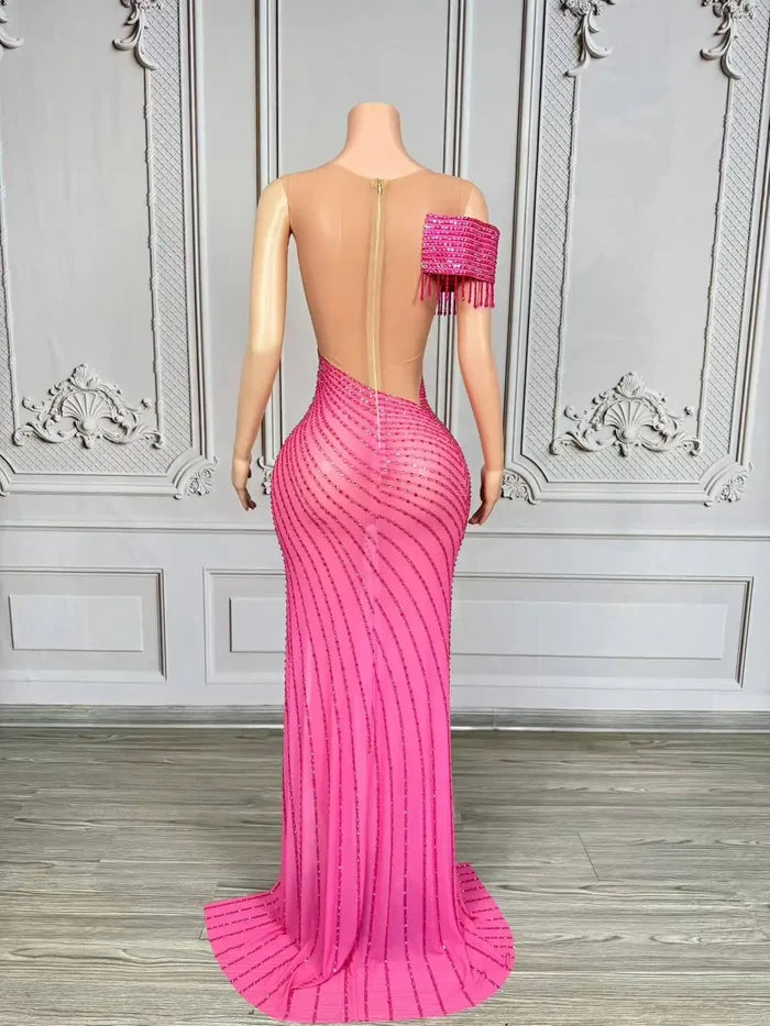 Elegant formal prom dress with sparkling rhinestones and a tasteful high split. Maya luxury evening gown.