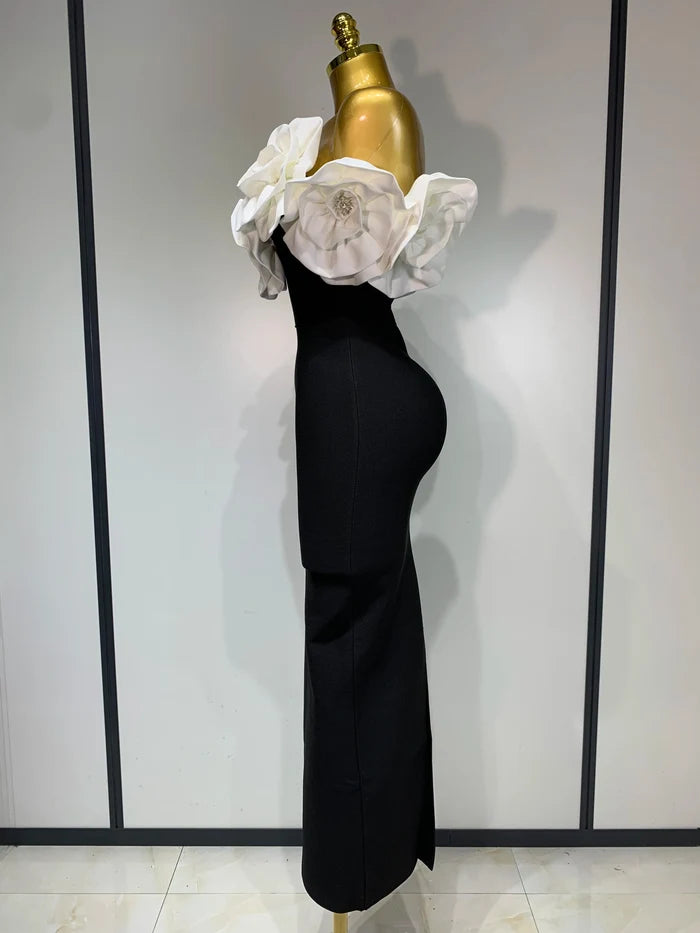 Maya off-shoulder flower diamond bodycon bandage dress – long slim-fit elegant evening gown.