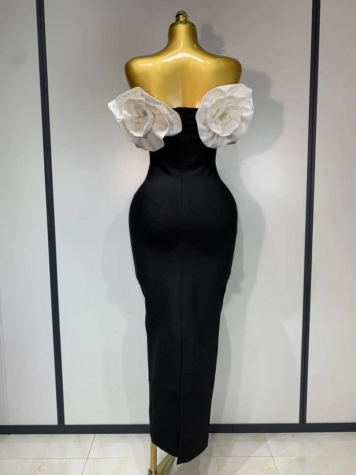 Maya off-shoulder flower diamond bodycon bandage dress – long slim-fit elegant evening gown.