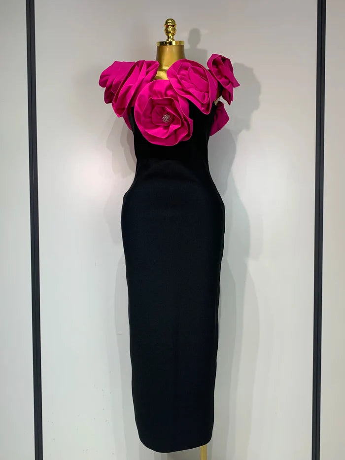 Maya off-shoulder flower diamond bodycon bandage dress – long slim-fit elegant evening gown.