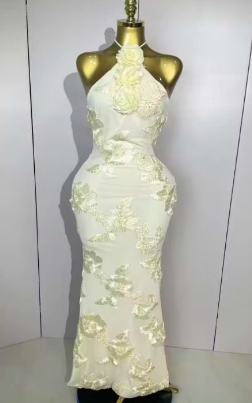 Meara Halter High Waist Floral Embroidered Slim Long Evening Dress