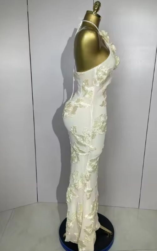 Meara Halter High Waist Floral Embroidered Slim Long Evening Dress