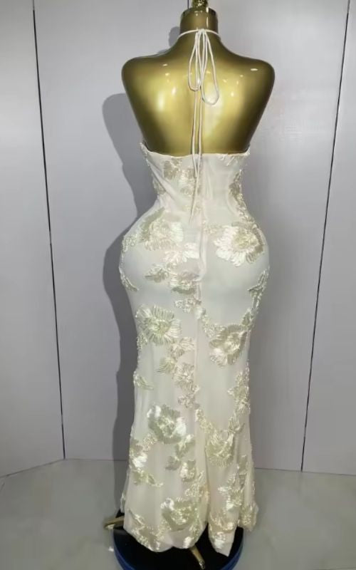 Meara Halter High Waist Floral Embroidered Slim Long Evening Dress