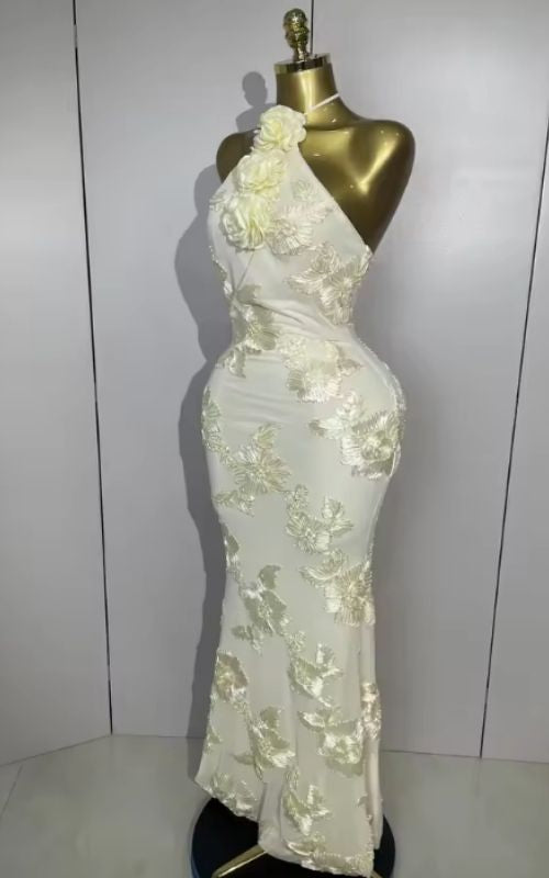 Meara Halter High Waist Floral Embroidered Slim Long Evening Dress