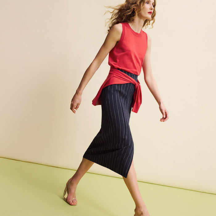 Meghan Midi Skirt - Woven Pinstripe :: Navy/Ivory