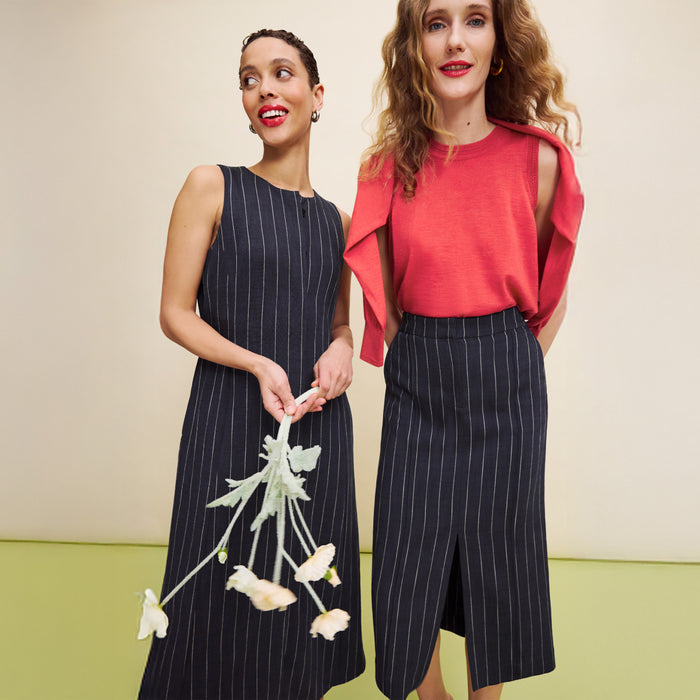 Meghan Midi Skirt - Woven Pinstripe :: Navy/Ivory