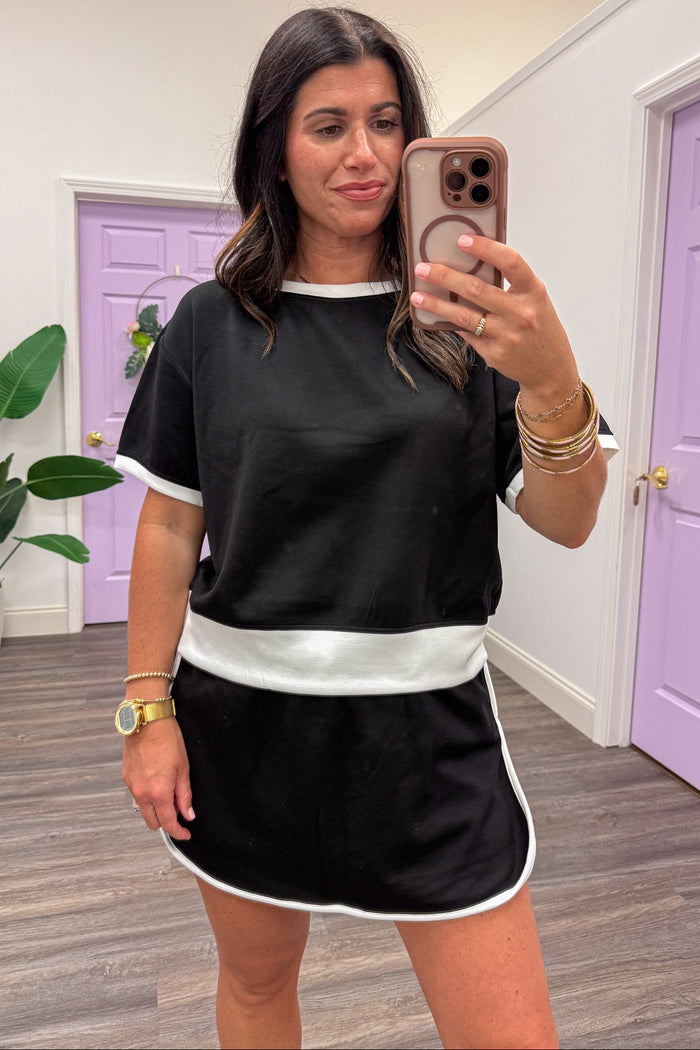 black with white trim details short sleeve loungewear knit top