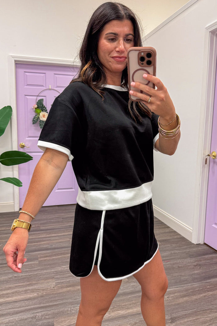 black with white trim details drop shoulder short sleeve loungewear knit top