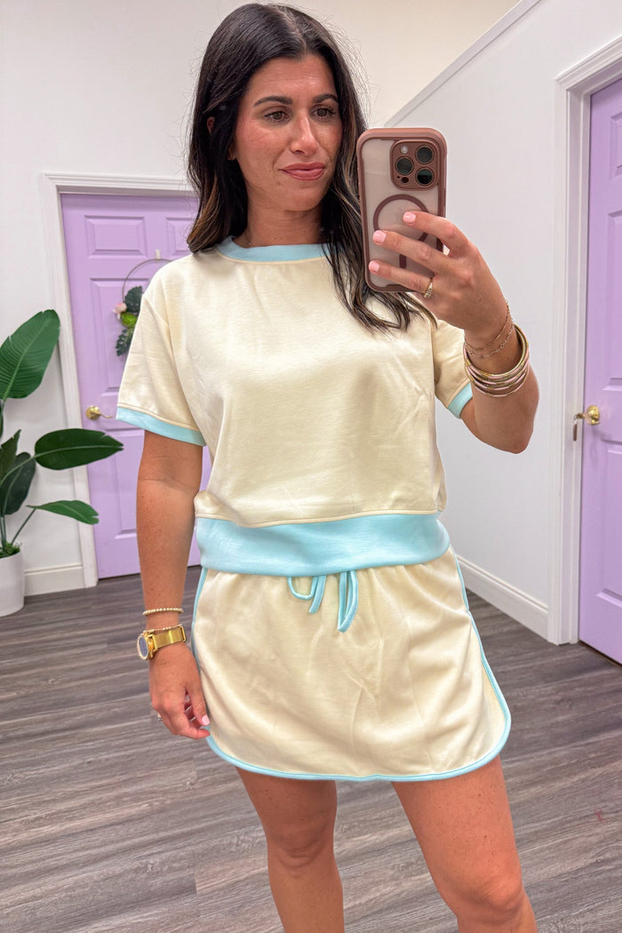 butter yellow with light blue trim details short sleeve knit top