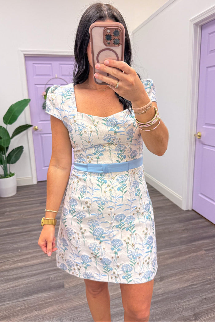 ivory blue and green floral short cap sleeve jacquard mini dress