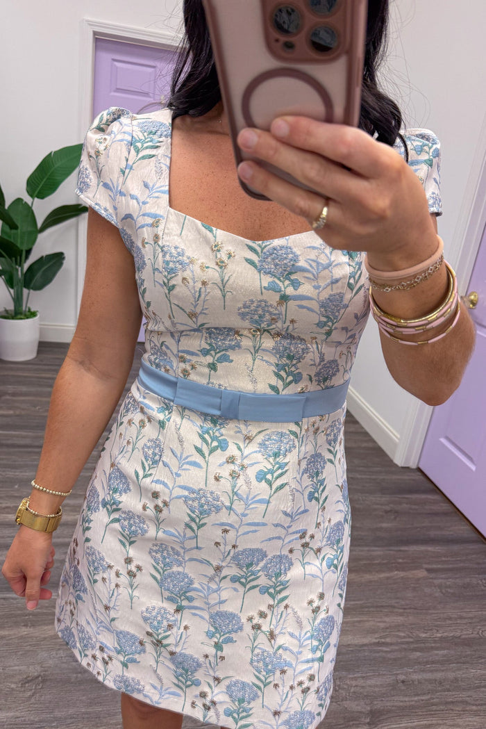 ivory blue and green floral jacquard sweetheart neckline mini dress