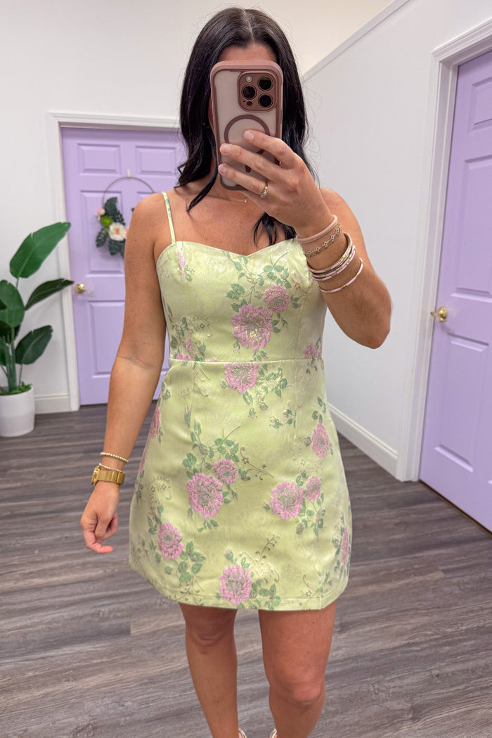 lime and pink floral jacquard sleeveless sweetheart neckline mini dress