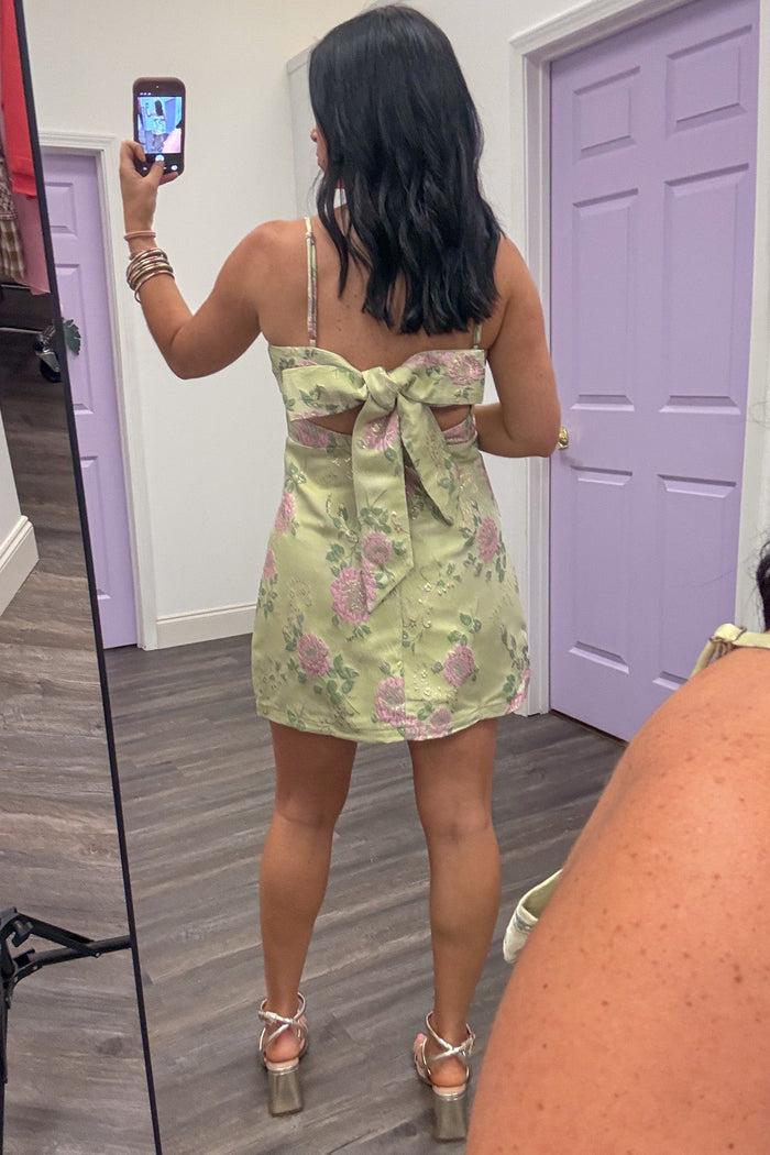 lime and pink floral jacquard open back with self tie adjustable bow mini dress