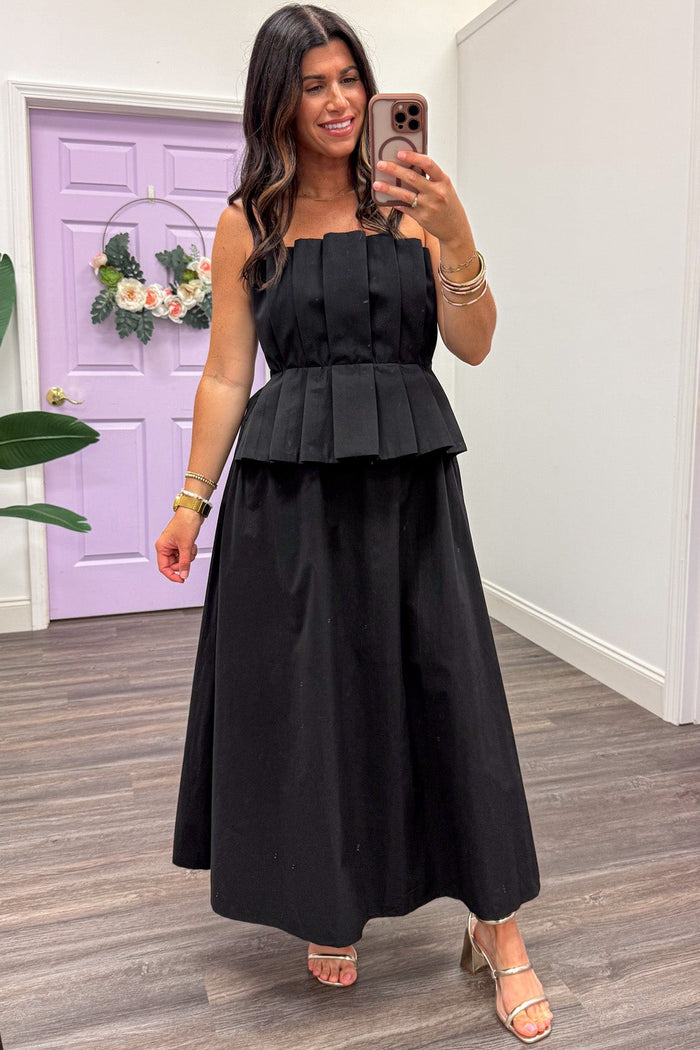 solid black pleated bodice peplum waist strapless midi dress