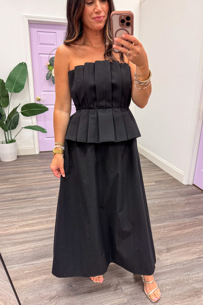 solid black pleated bodice peplum waist strapless cotton midi dress