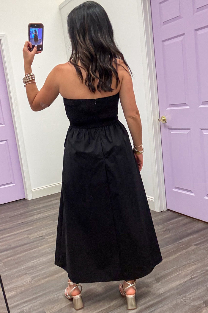 solid black pleated bodice peplum waist strapless back zipper closure midi dress