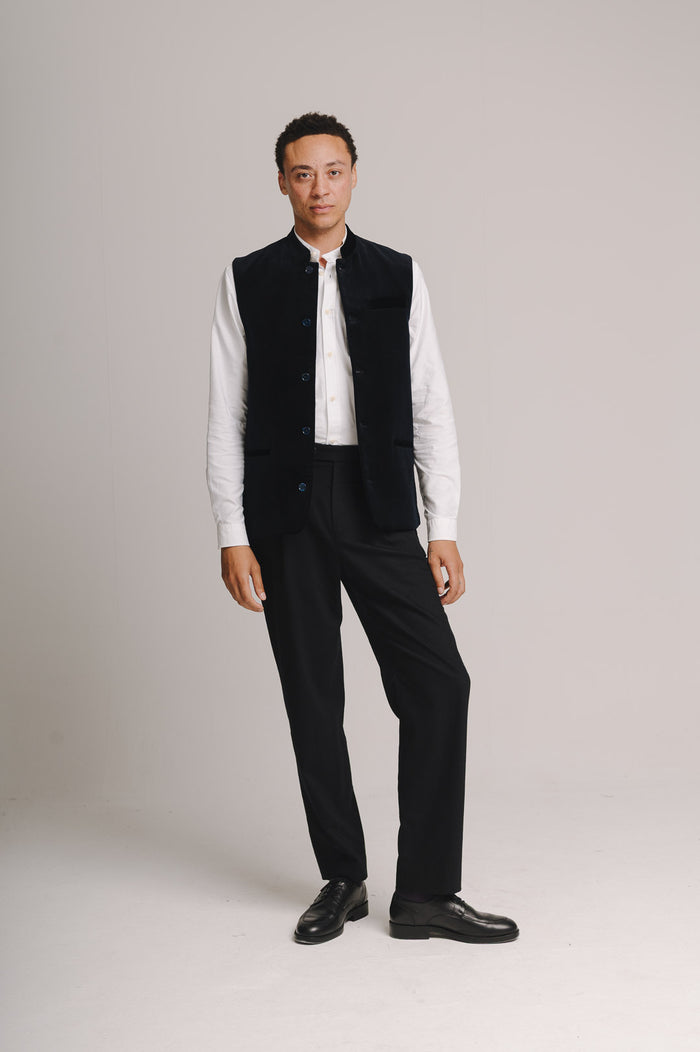 Midnight Navy Organic Velvet Nehru Waistcoat, Nehru Waistcoat - SIRPLUS