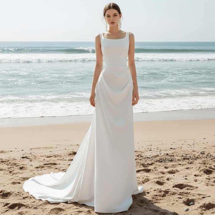 Mikado Sheath Boho Beach Wedding Dress with Square Neckline - Rosymae