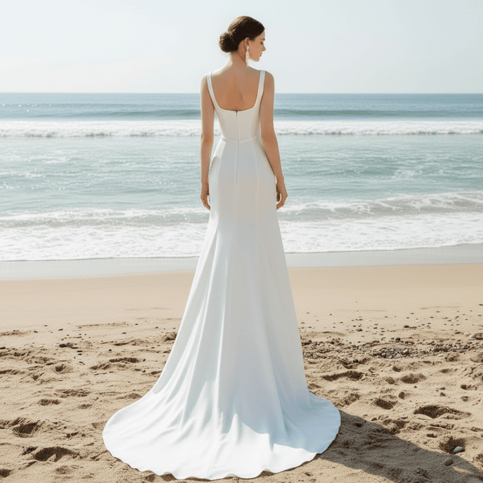 Mikado Sheath Boho Beach Wedding Dress with Square Neckline - Rosymae