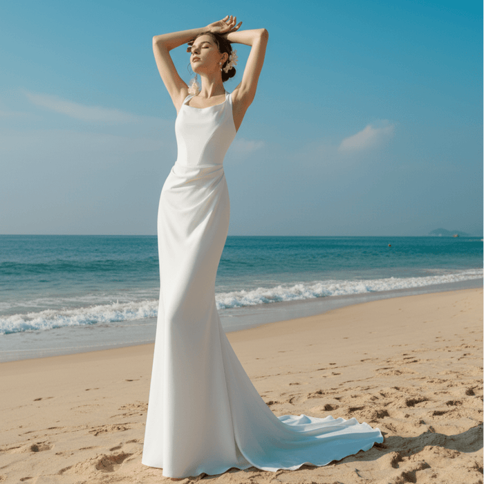 Mikado Sheath Boho Beach Wedding Dress with Square Neckline - Rosymae