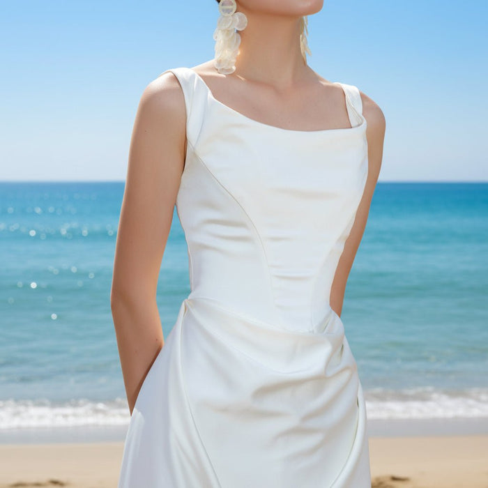 Mikado Sheath Boho Beach Wedding Dress with Square Neckline - Rosymae