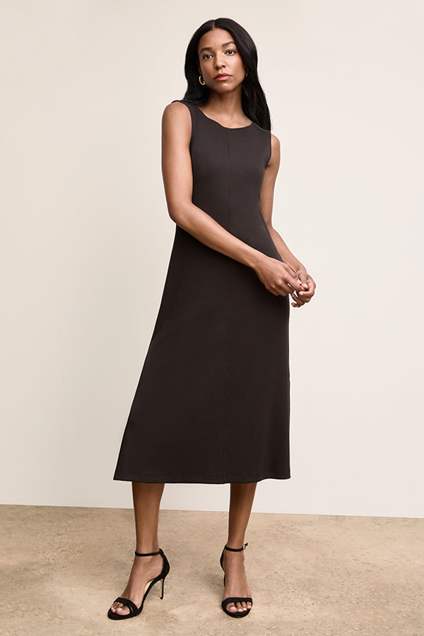 Front image of a woman wearing The Milano Dress - Ribbed Pima Modal :: Black | Grid | Exclude