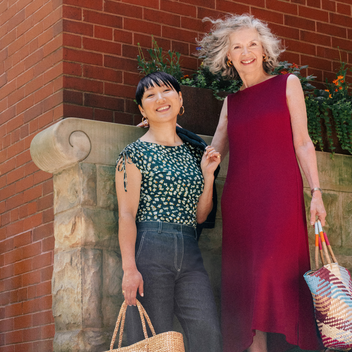 Two women standing outdoors one of them wearing Milano Drape Dress - Ribbed Pima Modal :: Dark Fuschia