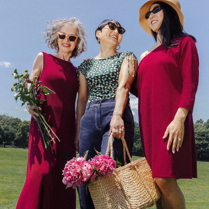 Three women standing outdoors one of them wearing Milano Drape Dress - Ribbed Pima Modal :: Dark Fuschia