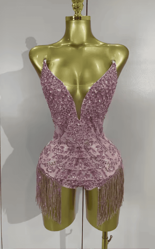 Mina Sparkly Rhinestone Tassel Pink Bodysuit