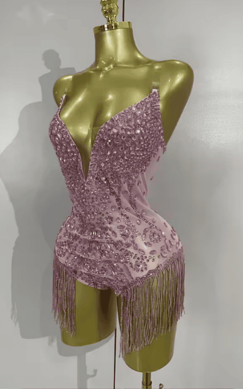 Mina Sparkly Rhinestone Tassel Pink Bodysuit