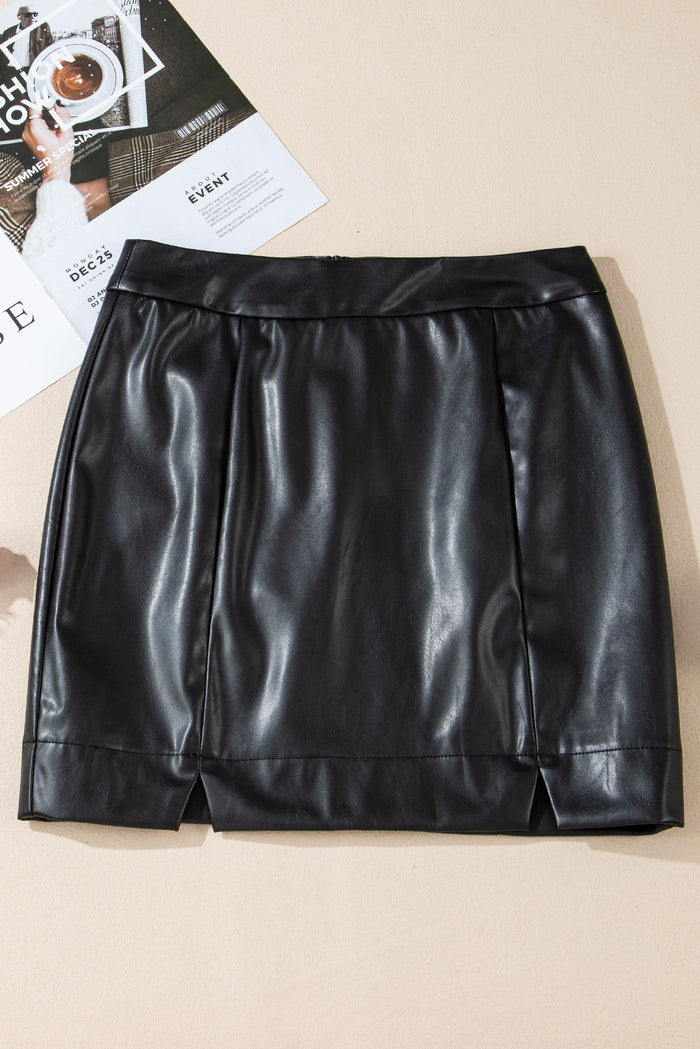 Mini-jupe taille haute coupe slim en cuir PU noir avec fentes latérales