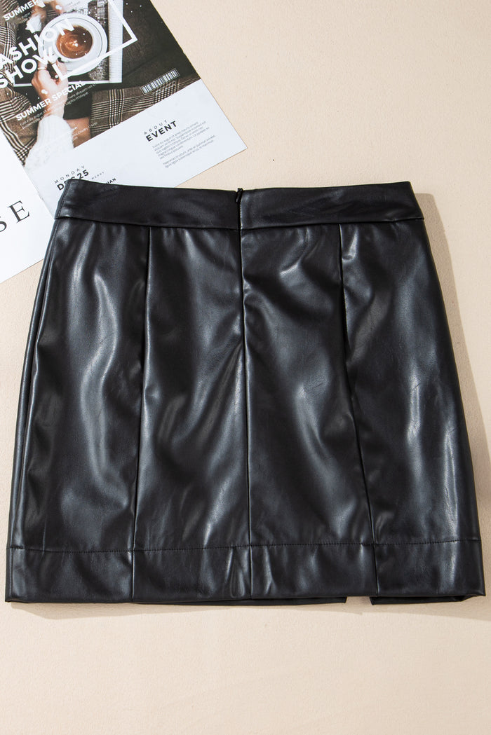 Mini-jupe taille haute coupe slim en cuir PU noir avec fentes latérales