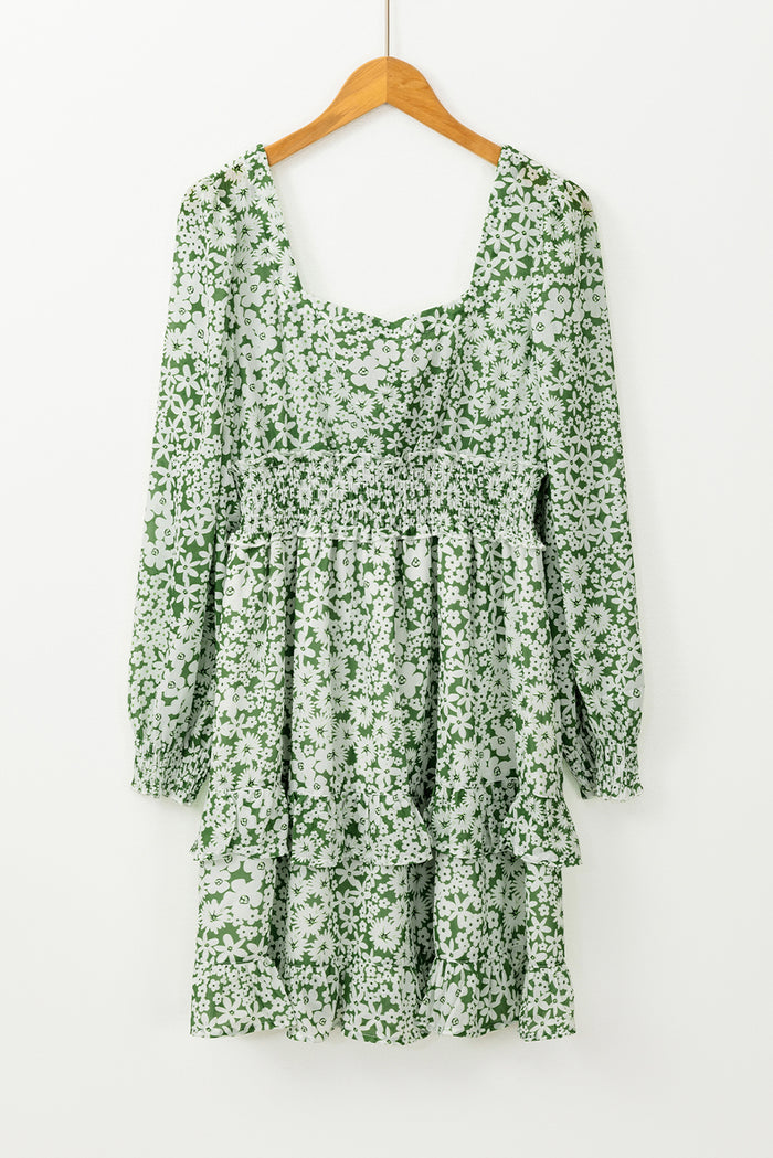 Mini-robe à imprimé floral et col carré, taille froncée, volants à plusieurs niveaux vert