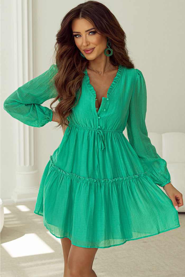 Mini-robe droite à volants et col en V, manches bouffantes, cordon de serrage, vert d'eau