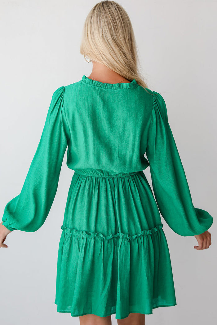 Mini-robe droite à volants et col en V, manches bouffantes, cordon de serrage, vert d'eau