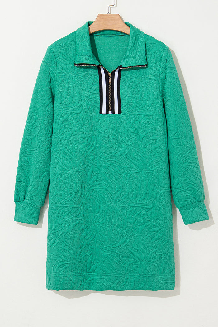 Mini-robe droite en jacquard texturé avec fermeture éclair sur un quart et vert d'eau