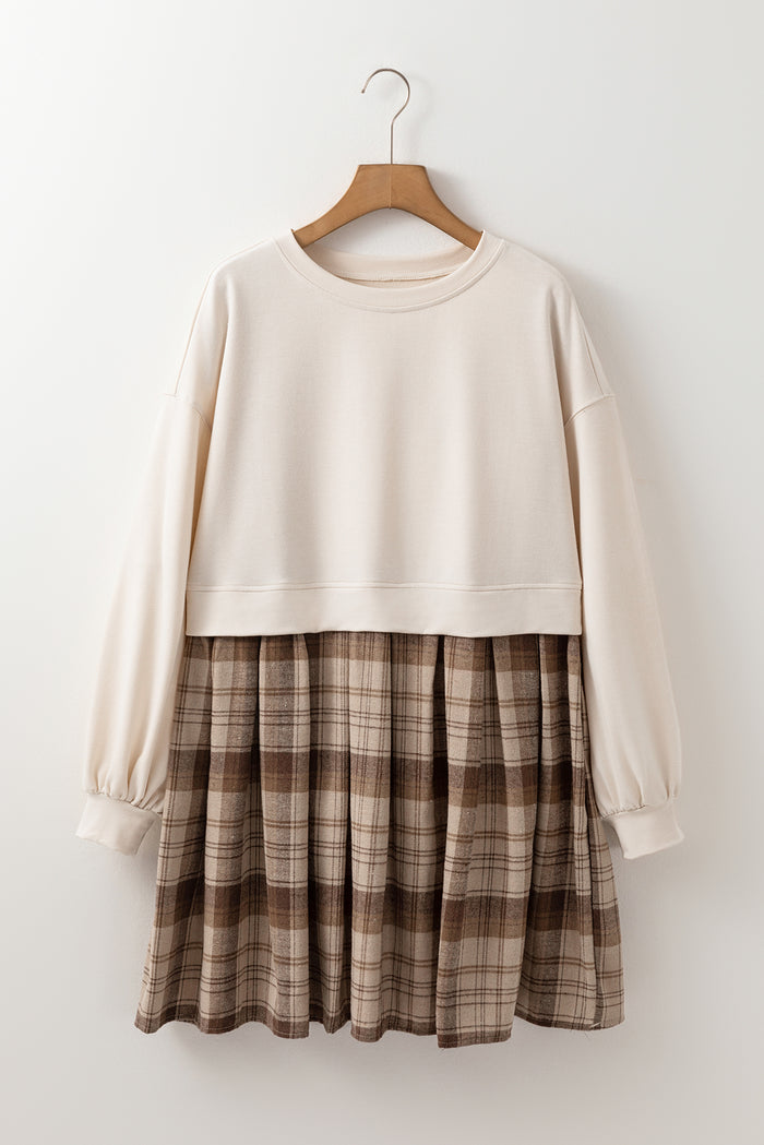 Mini-robe sweat-shirt taille haute à carreaux beige *